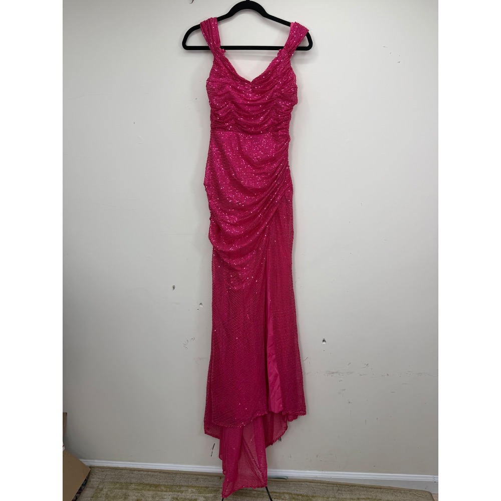QUANJINR Sequin Gown Womens Size 2 Hot Pink Off‎ Shoulder Ruched High Slit Maxi